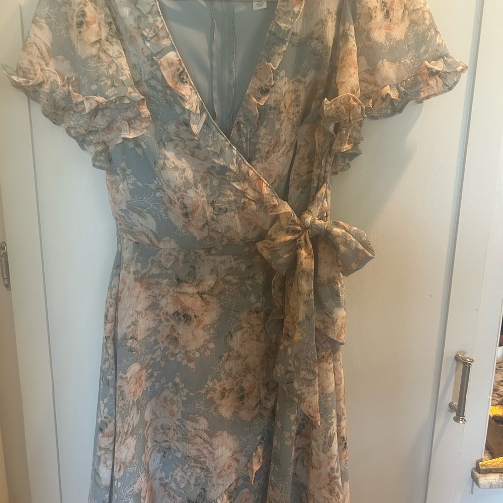 Blue Rain Floral Midi Dress in Blue and Cream